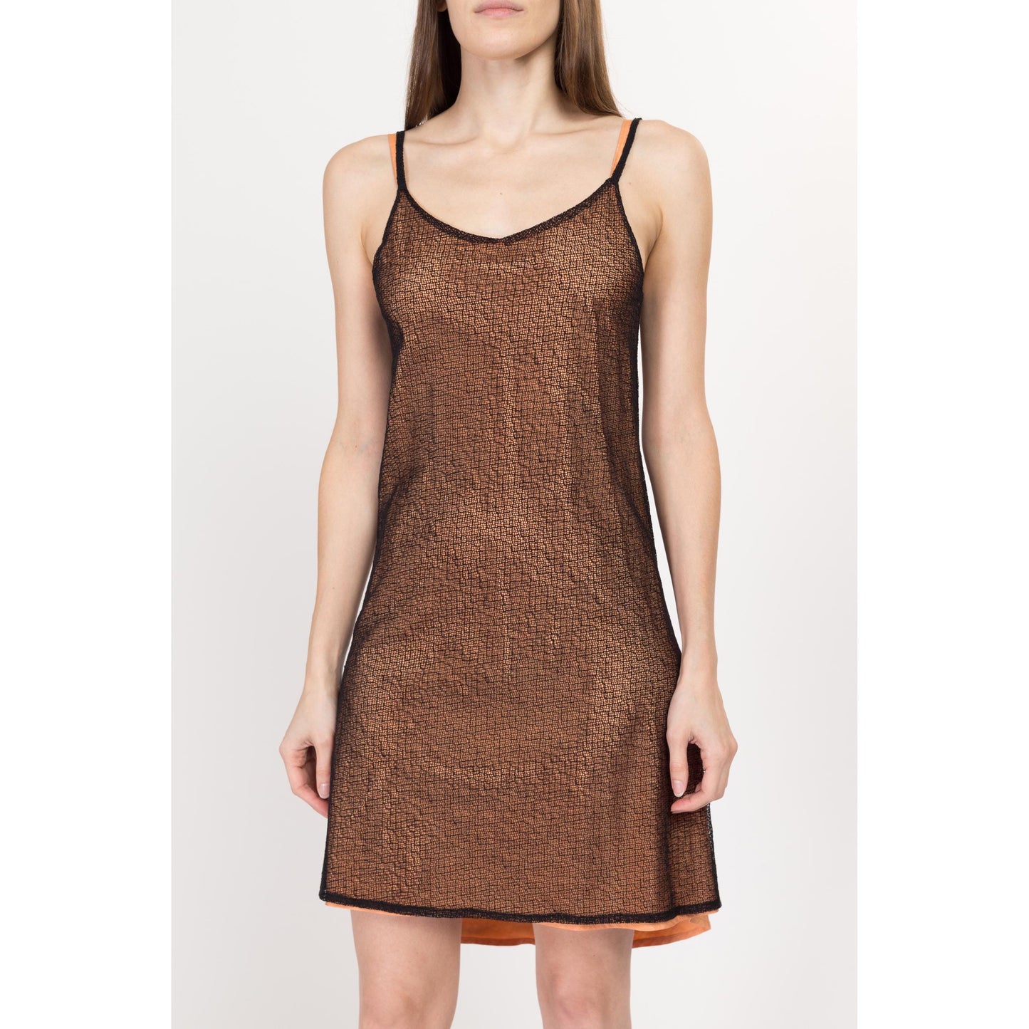 XS Y2K Black & Orange Crochet High-Low Mini Dress | Vintage Spaghetti Strap Sheer Illusion Mesh Party Dress