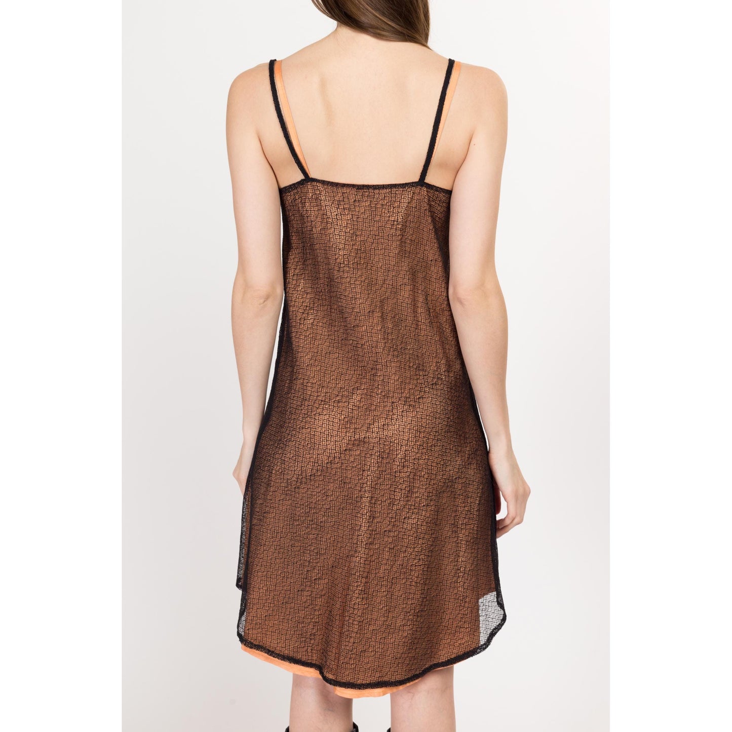 XS Y2K Black & Orange Crochet High-Low Mini Dress | Vintage Spaghetti Strap Sheer Illusion Mesh Party Dress