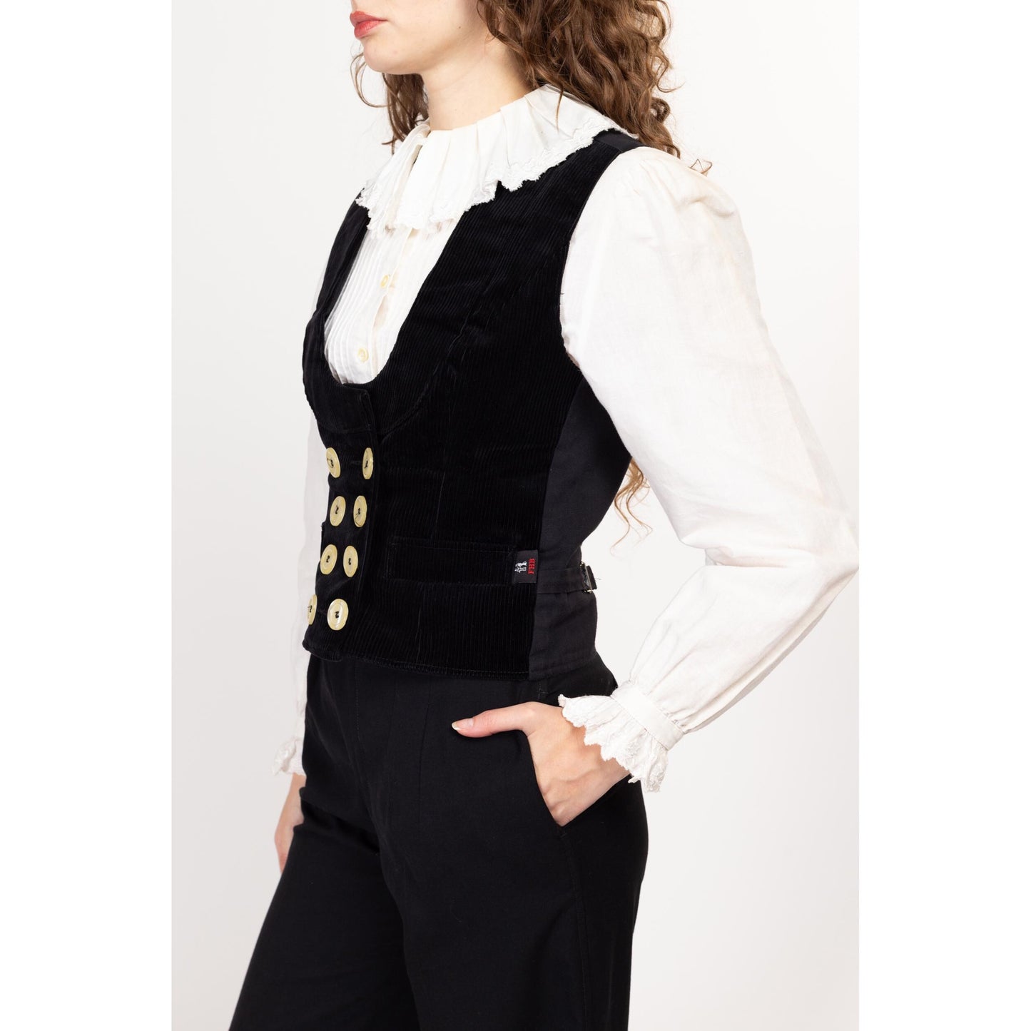 Small Vintage FHB Black Corduroy Guild Vest | 90s Y2K Scoop Neck Doubled Breasted Sleeveless Workwear Steampunk Top