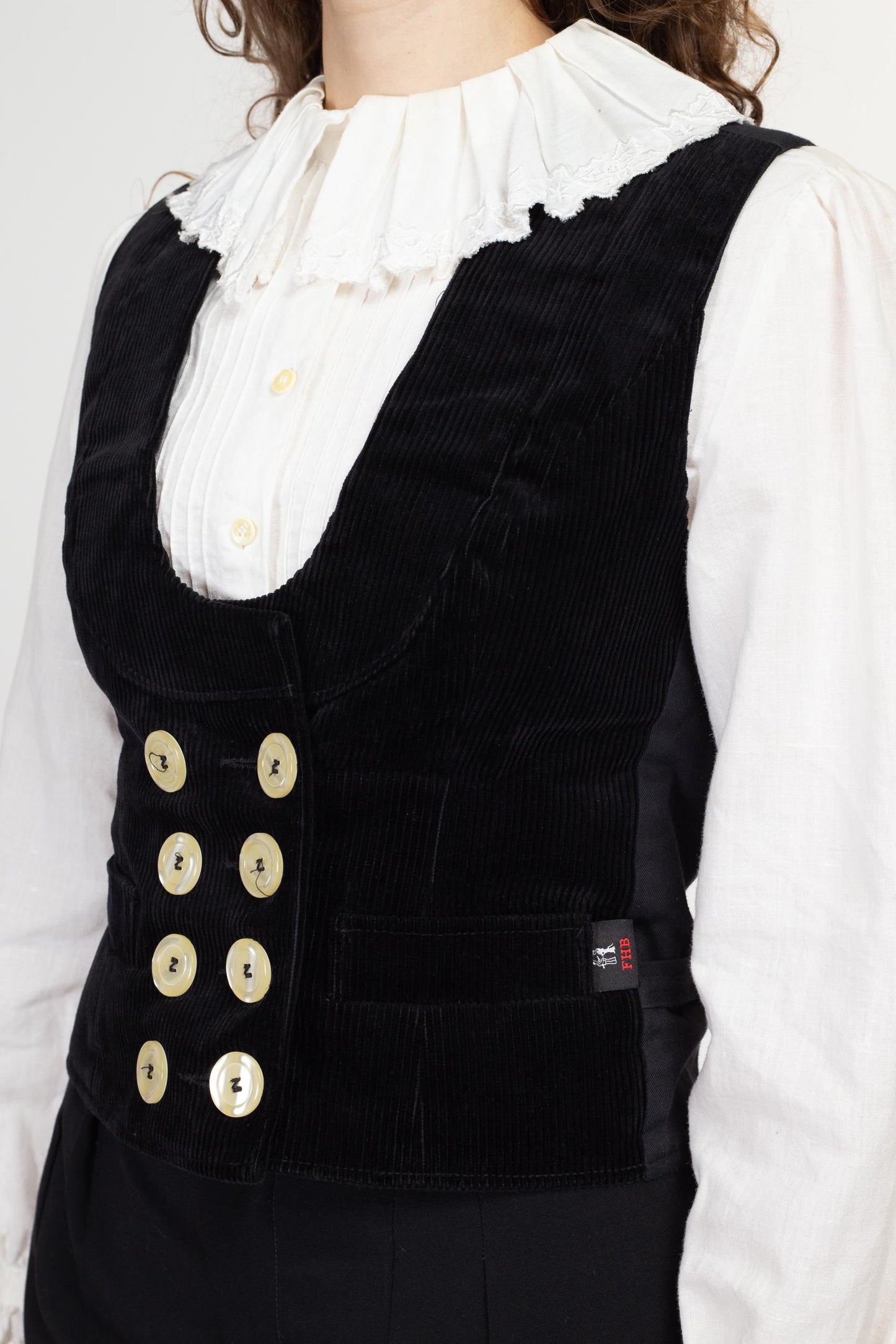 Small Vintage FHB Black Corduroy Guild Vest | 90s Y2K Scoop Neck Doubled Breasted Sleeveless Workwear Steampunk Top