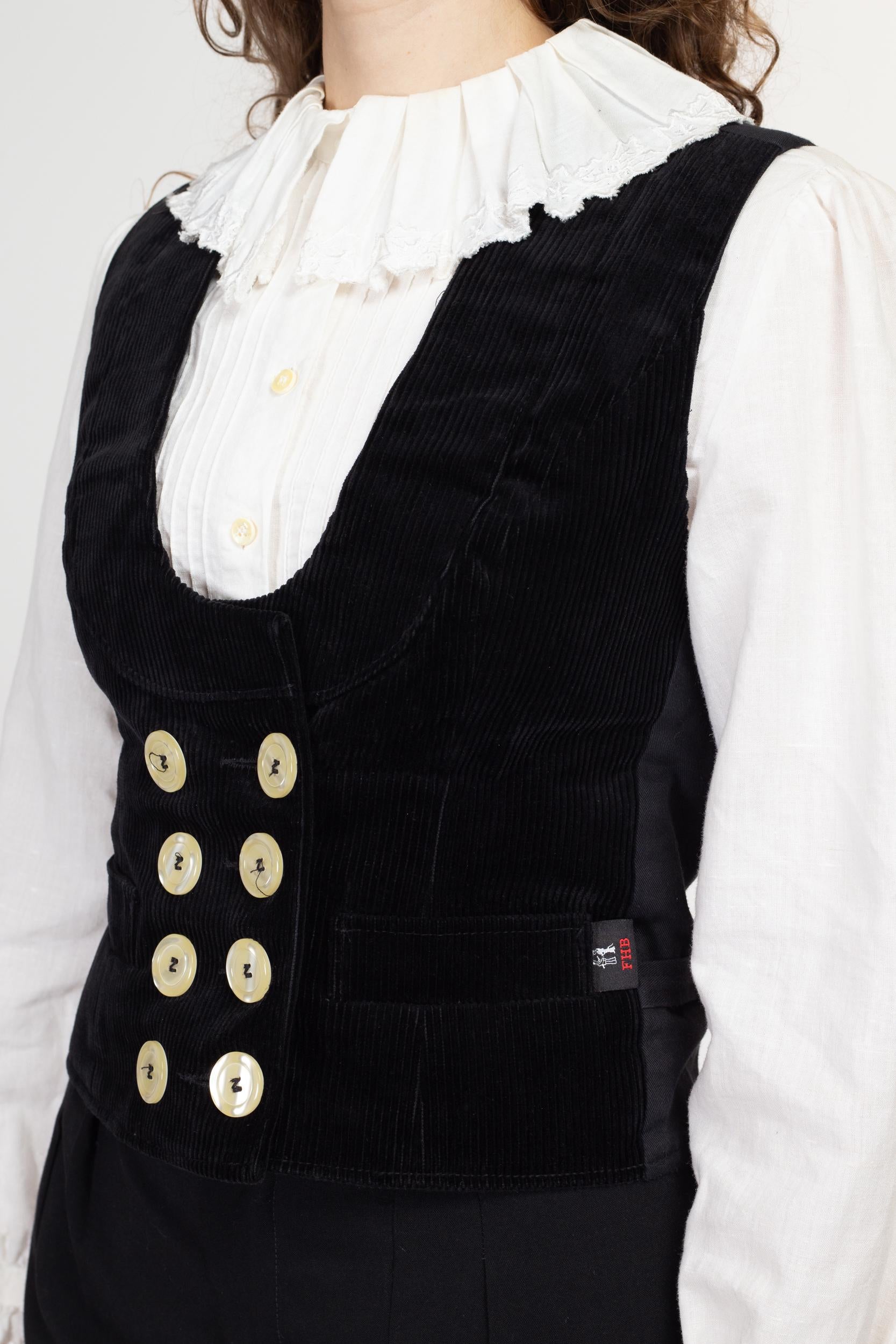 Small Vintage FHB Black Corduroy Guild Vest | 90s Y2K Scoop Neck Doubled Breasted Sleeveless Workwear Steampunk Top