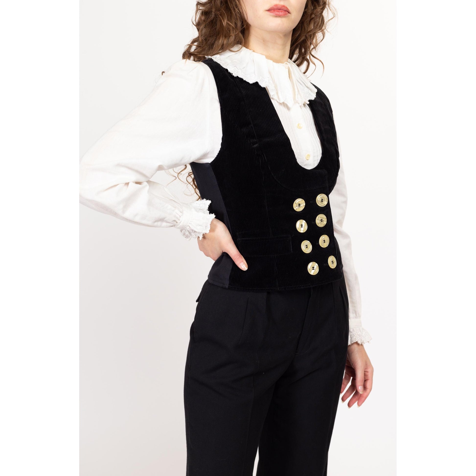 Small Vintage FHB Black Corduroy Guild Vest | 90s Y2K Scoop Neck Doubled Breasted Sleeveless Workwear Steampunk Top