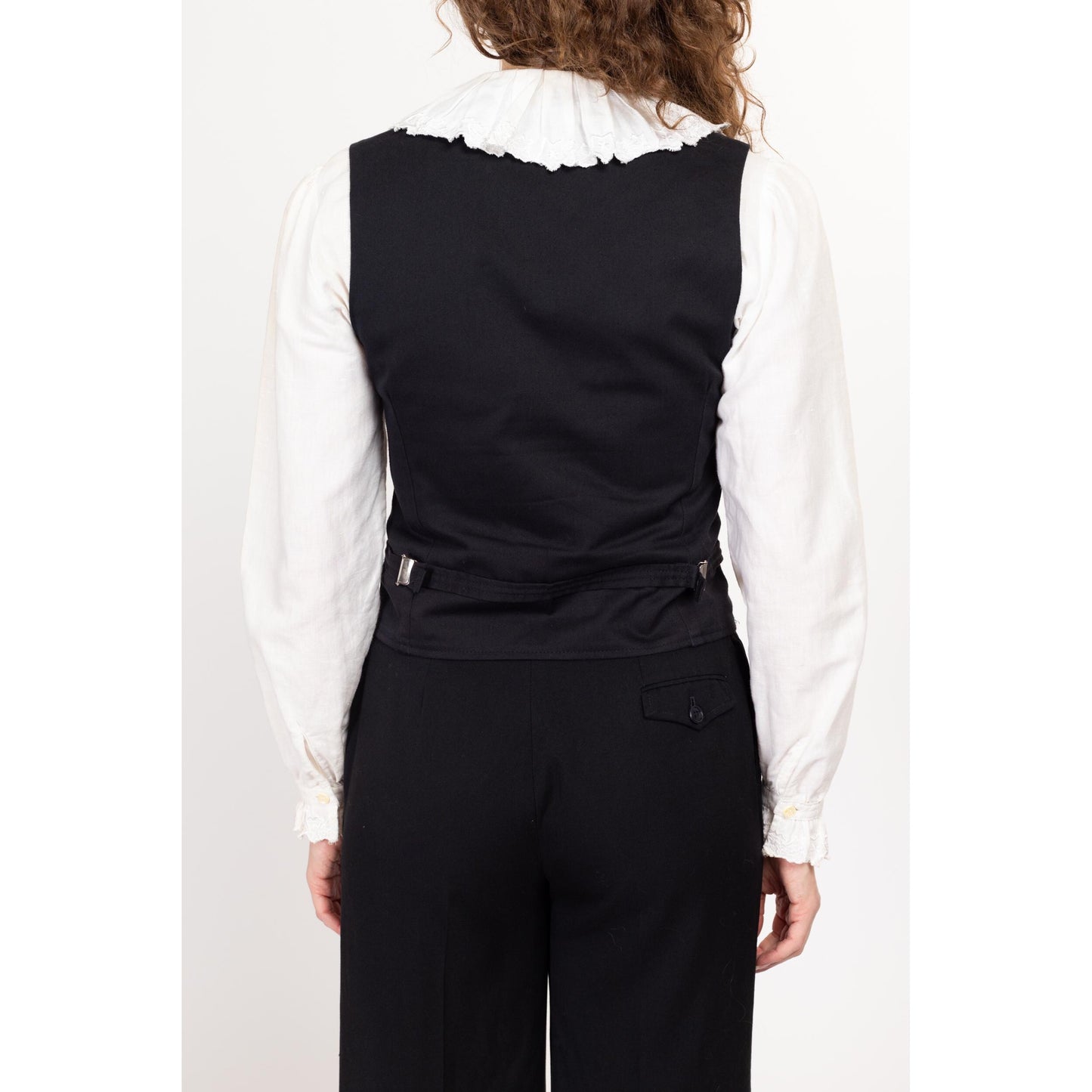 Small Vintage FHB Black Corduroy Guild Vest | 90s Y2K Scoop Neck Doubled Breasted Sleeveless Workwear Steampunk Top