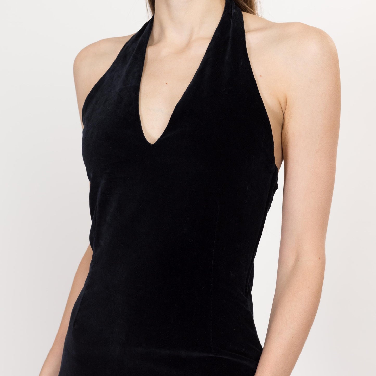 XS-Sm 90s Black Velvet Halter Bodycon Mini Dress | Vintage Fitted Stretchy Sleeveless Party Dress