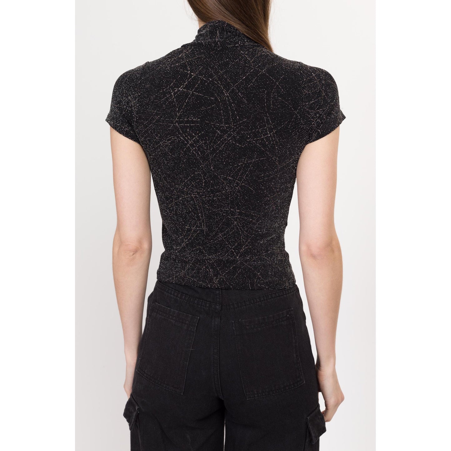 XS-Sm 90s Black & Silver Glitter Mockneck Top | Vintage Gothic Stretchy Sparkle Shirt