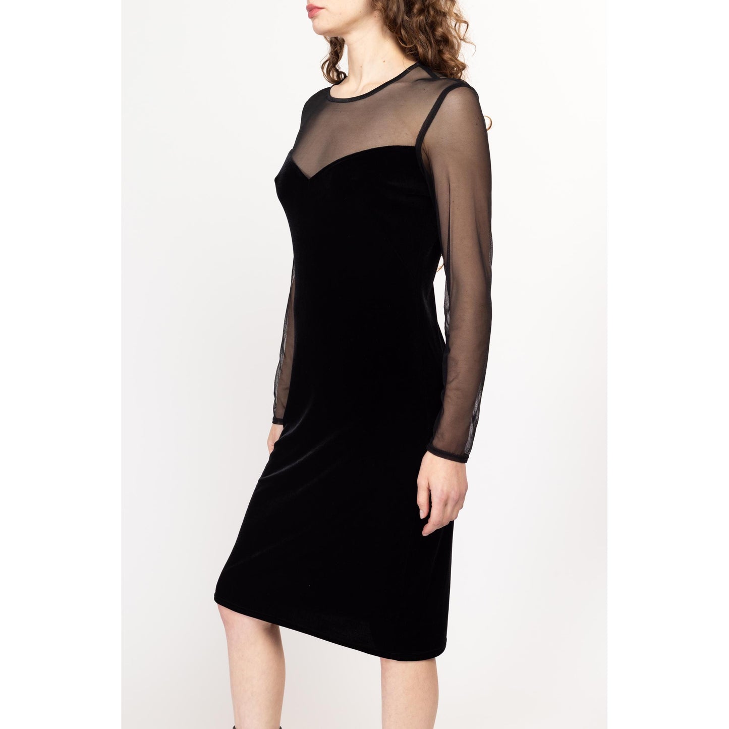 Med-Lrg 80s Black Sheer Illusion Cocktail Dress | Vintage Long Sleeve Fitted Midi Party Dress