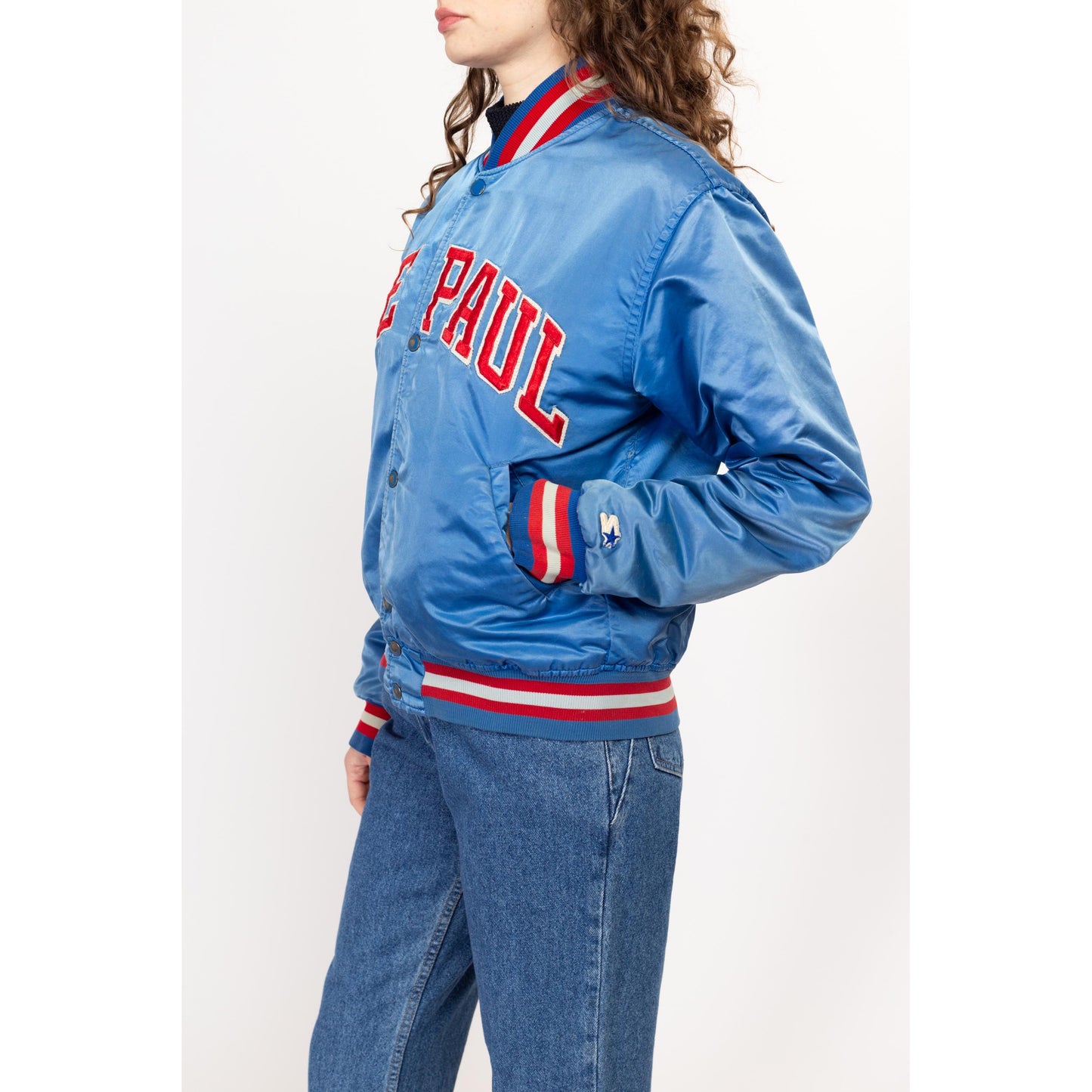 Med-Lrg 80s De Paul University Satin Starter Jacket Unisex | Vintage Distressed NCAA Blue Demons Snap Button Bomber