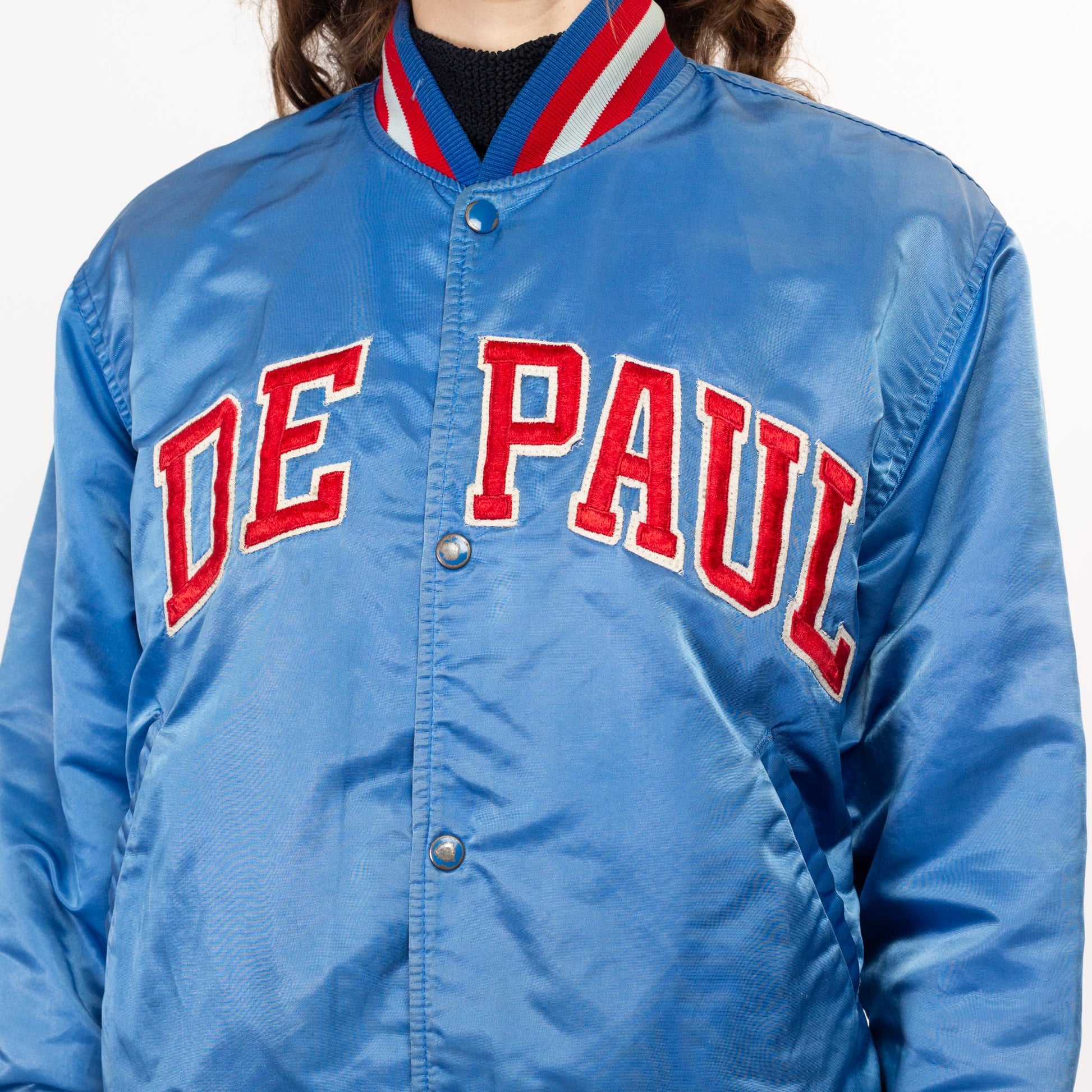 Med-Lrg 80s De Paul University Satin Starter Jacket Unisex | Vintage Distressed NCAA Blue Demons Snap Button Bomber
