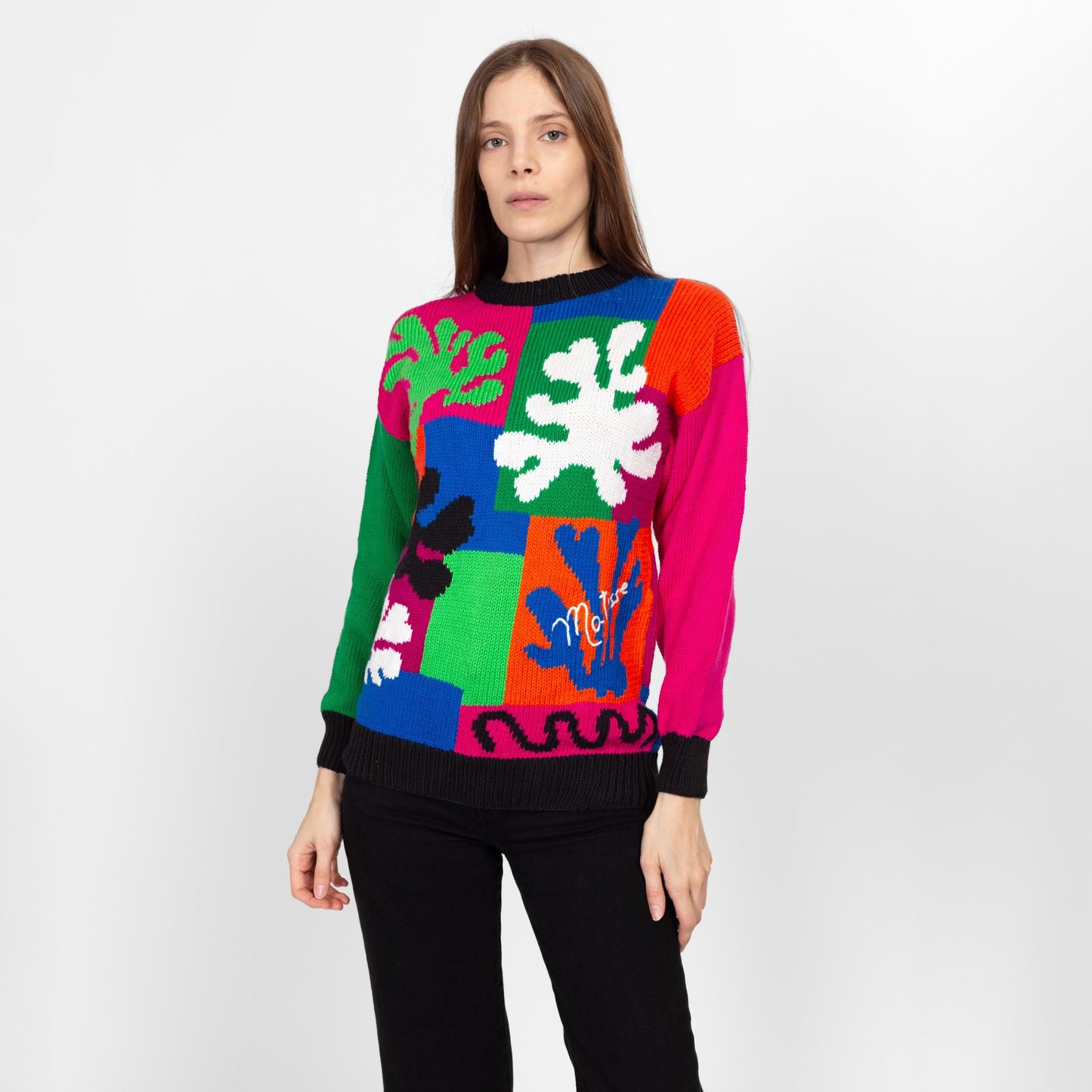 Small 90s Matisse Paper Cut-Outs Color Block Knit Sweater | Vintage Colorful Cotton Pullover Sweater