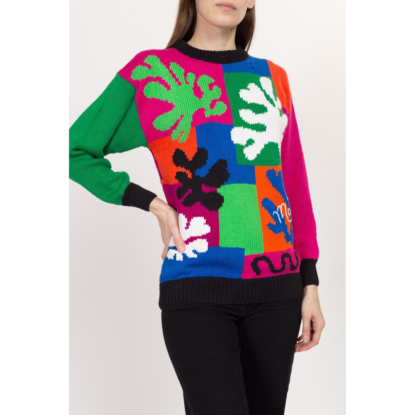 Small 90s Matisse Paper Cut-Outs Color Block Knit Sweater | Vintage Colorful Cotton Pullover Sweater