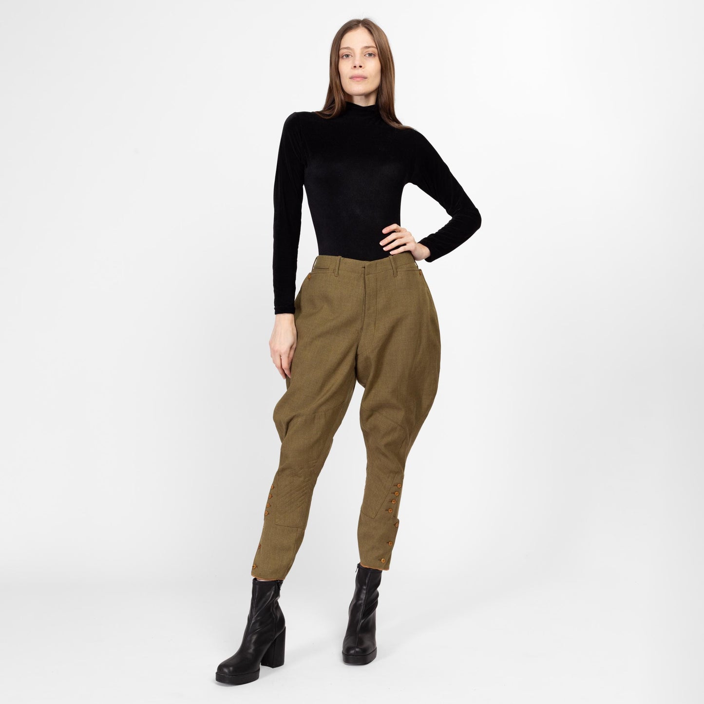 Sm-Medium 1940s Army Jodhpur Breeches Unisex | Vintage 40s WW2 High Waisted Olive Green Officer's Trousers