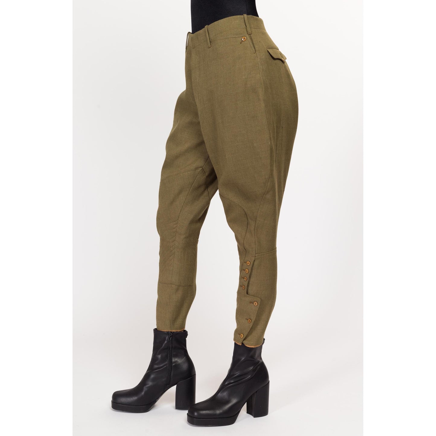 Sm-Medium 1940s Army Jodhpur Breeches Unisex | Vintage 40s WW2 High Waisted Olive Green Officer's Trousers