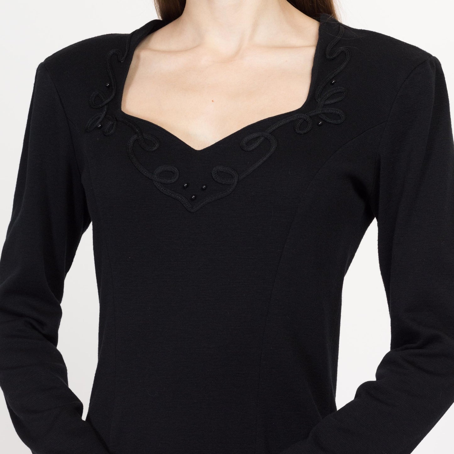 Medium 80s Black Beaded Sweetheart Neck Mini Sweater Dress | Vintage Long Sleeve Soutache Trim Dress