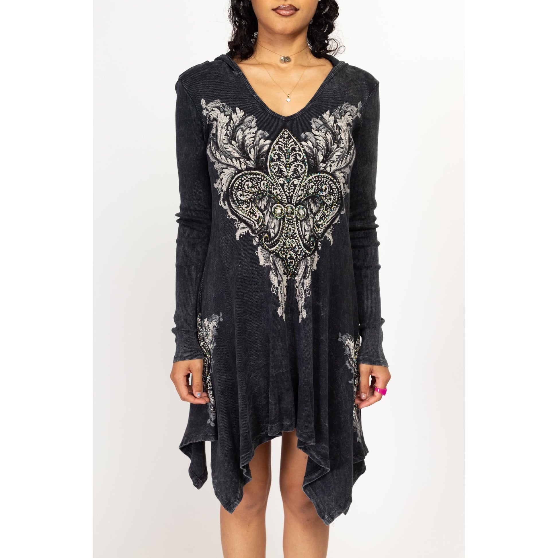 Large Y2k Nu Goth Faded Black Hooded Mini Dress | Vintage Long Sleeve Scarf Hem Fairycore Dress