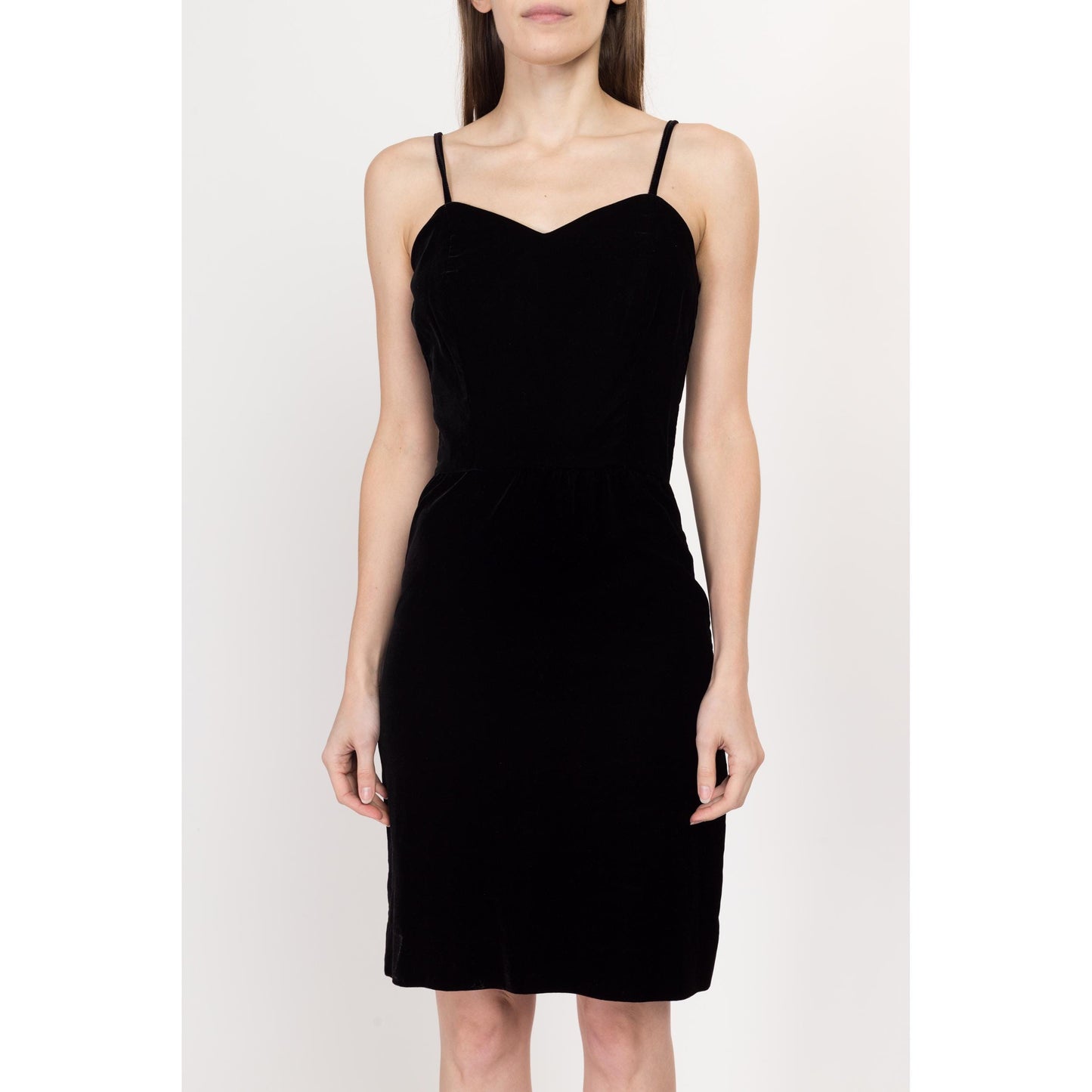XS-Sm 80s Black Velvet Sweetheart Neck Cocktail Dress | Vintage Spaghetti Strap Mini Fitted Party Dress