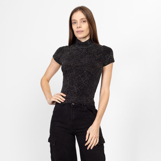 XS-Sm 90s Black & Silver Glitter Mockneck Top | Vintage Gothic Stretchy Sparkle Shirt