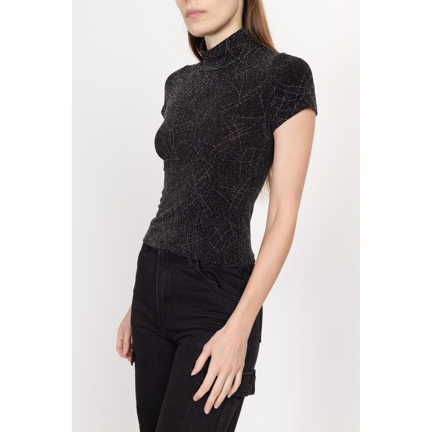 XS-Sm 90s Black & Silver Glitter Mockneck Top | Vintage Gothic Stretchy Sparkle Shirt