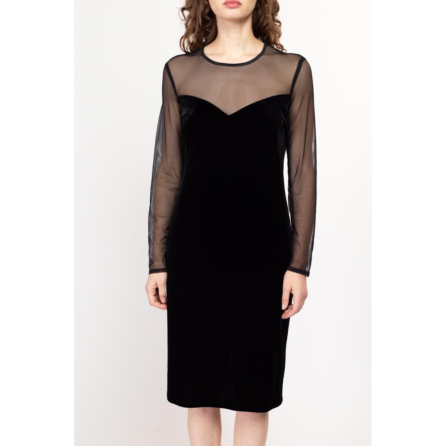 Med-Lrg 80s Black Sheer Illusion Cocktail Dress | Vintage Long Sleeve Fitted Midi Party Dress