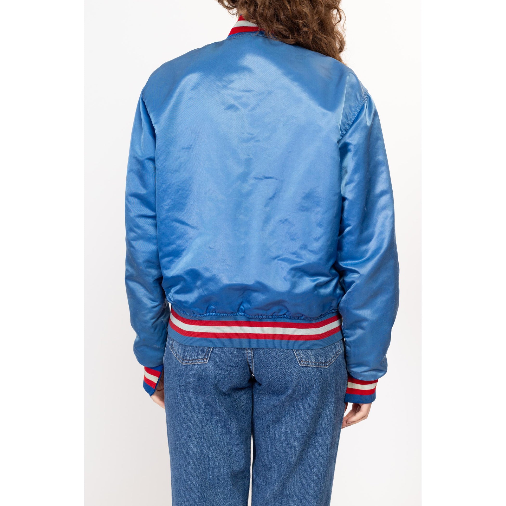 Med-Lrg 80s De Paul University Satin Starter Jacket Unisex | Vintage Distressed NCAA Blue Demons Snap Button Bomber