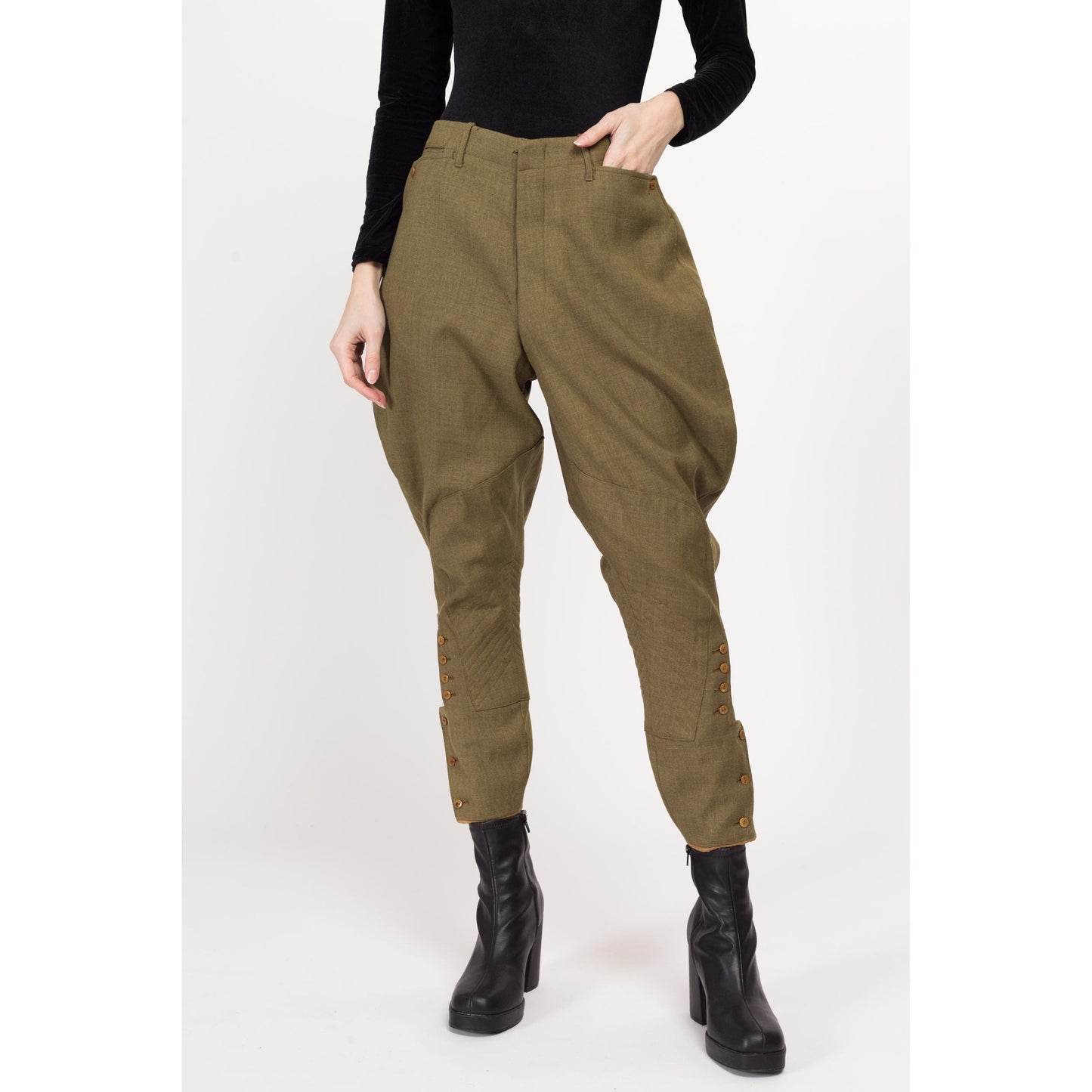 Sm-Medium 1940s Army Jodhpur Breeches Unisex | Vintage 40s WW2 High Waisted Olive Green Officer's Trousers