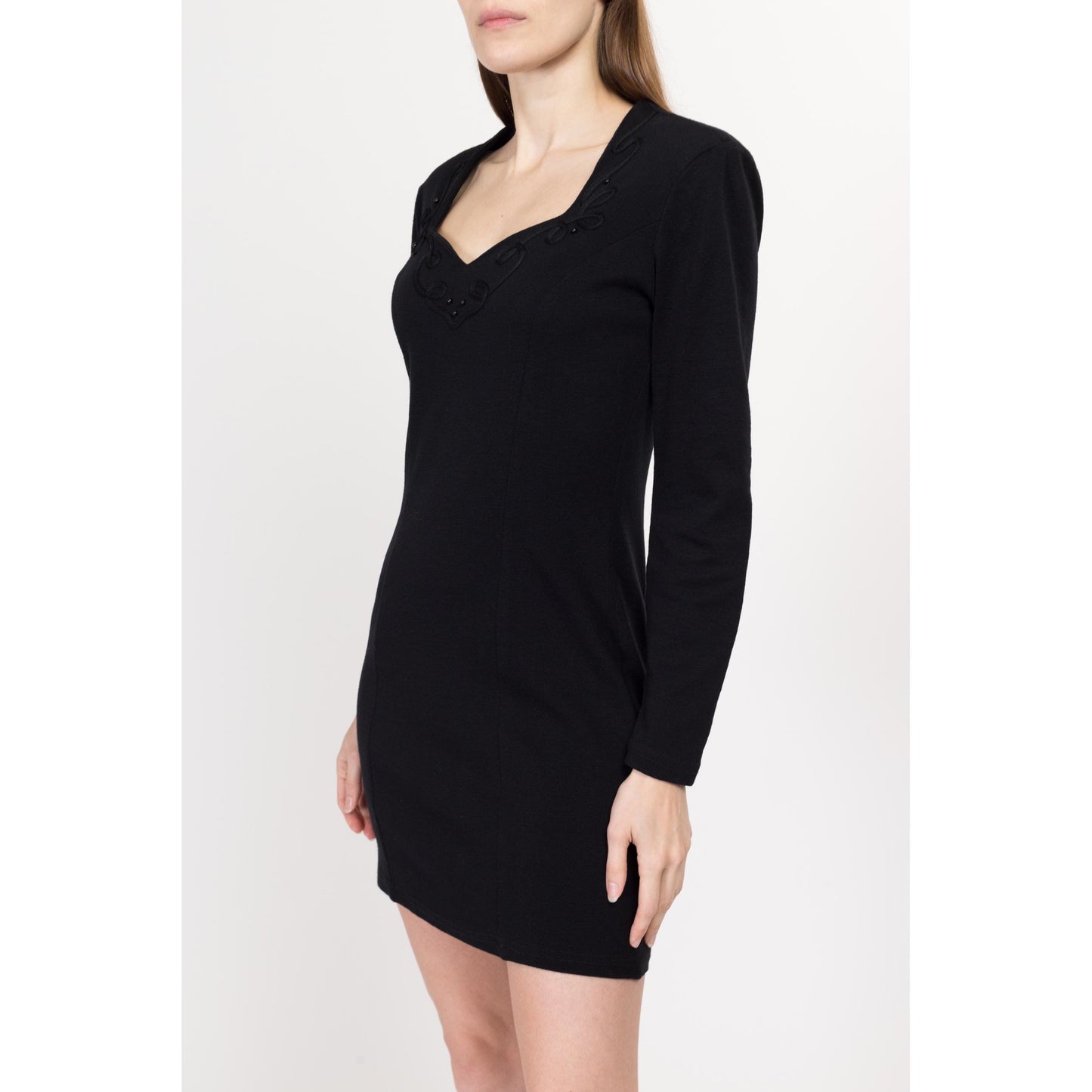 Medium 80s Black Beaded Sweetheart Neck Mini Sweater Dress | Vintage Long Sleeve Soutache Trim Dress