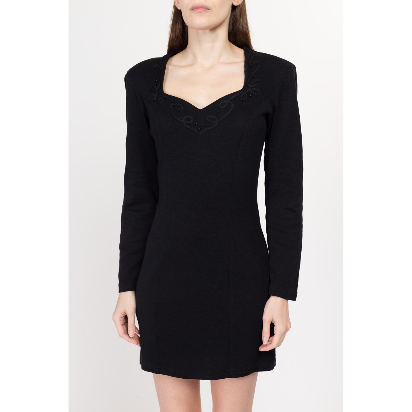 Medium 80s Black Beaded Sweetheart Neck Mini Sweater Dress | Vintage Long Sleeve Soutache Trim Dress