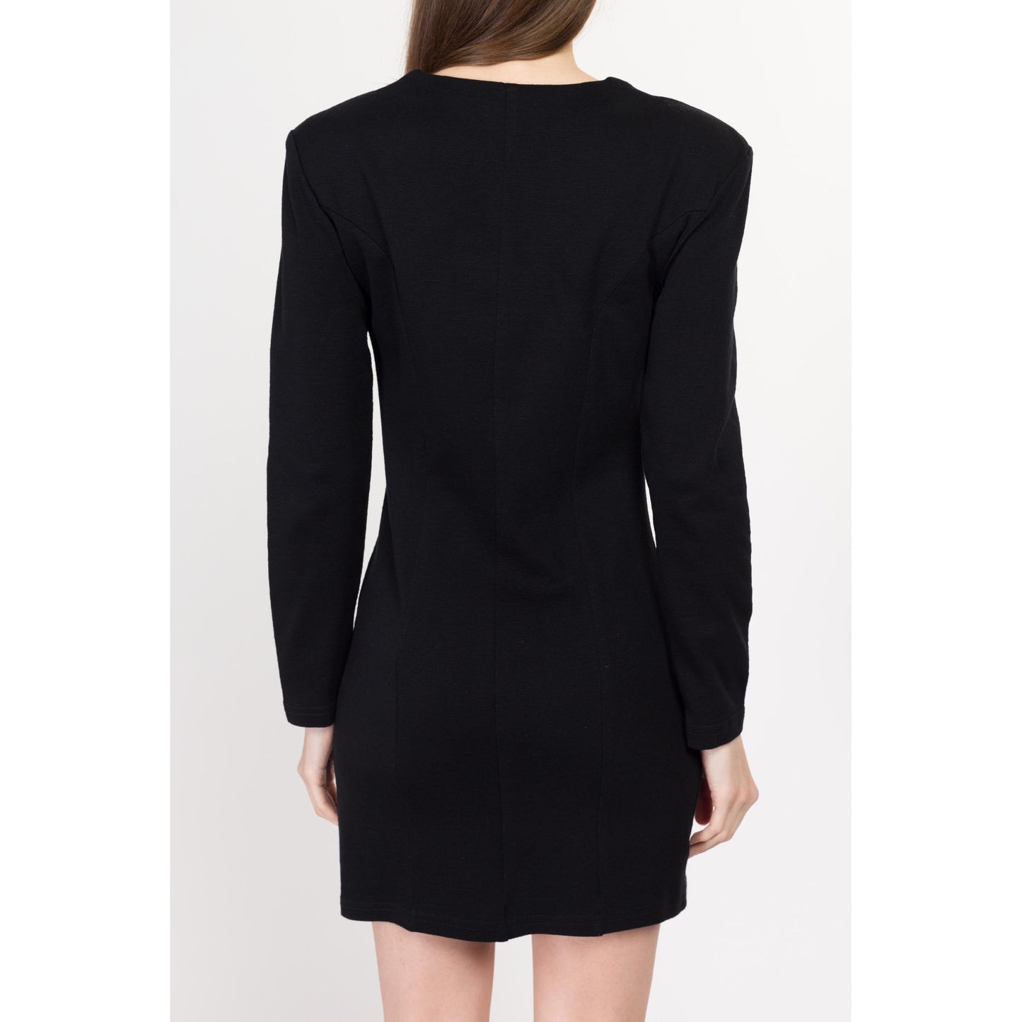 Medium 80s Black Beaded Sweetheart Neck Mini Sweater Dress | Vintage Long Sleeve Soutache Trim Dress