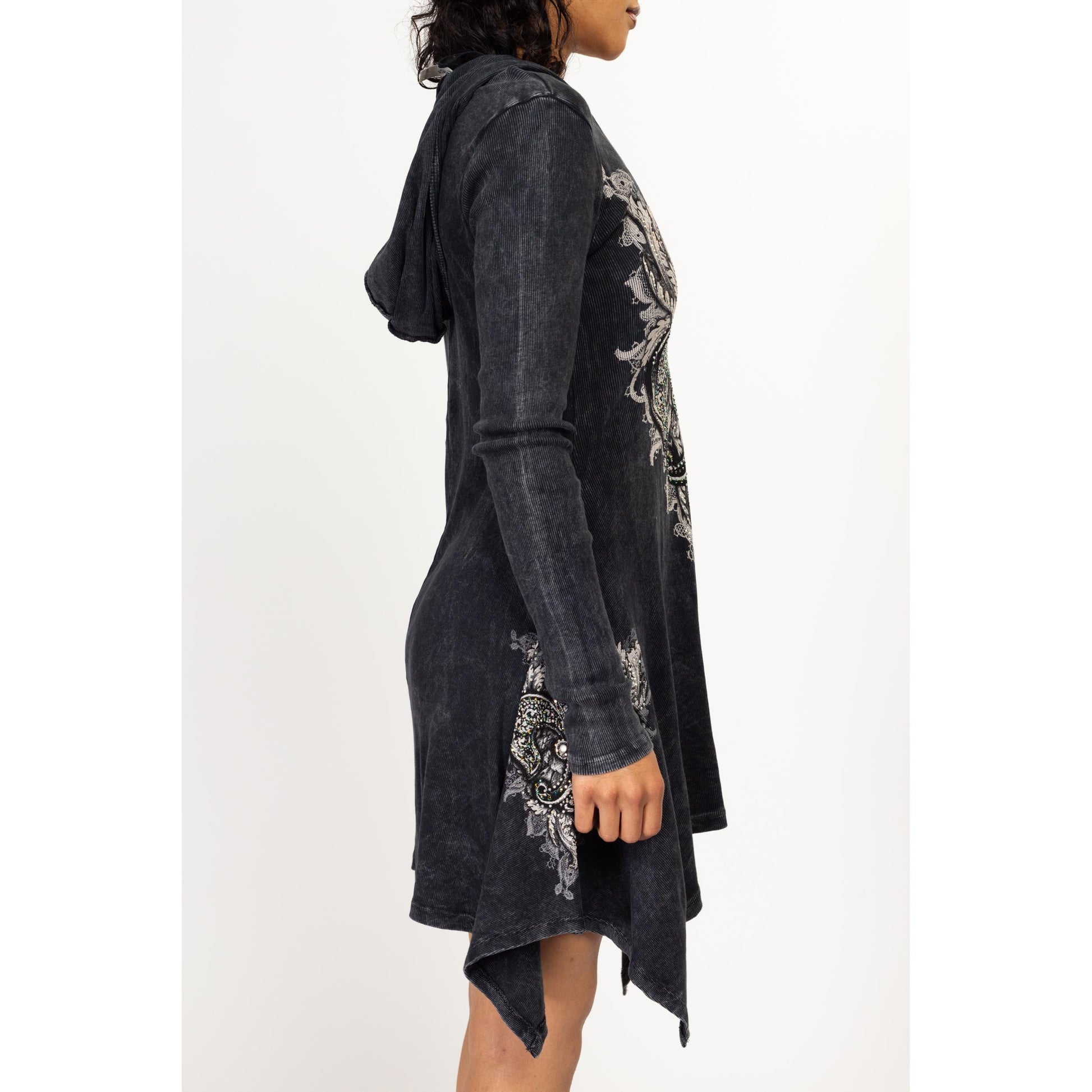 Large Y2k Nu Goth Faded Black Hooded Mini Dress | Vintage Long Sleeve Scarf Hem Fairycore Dress