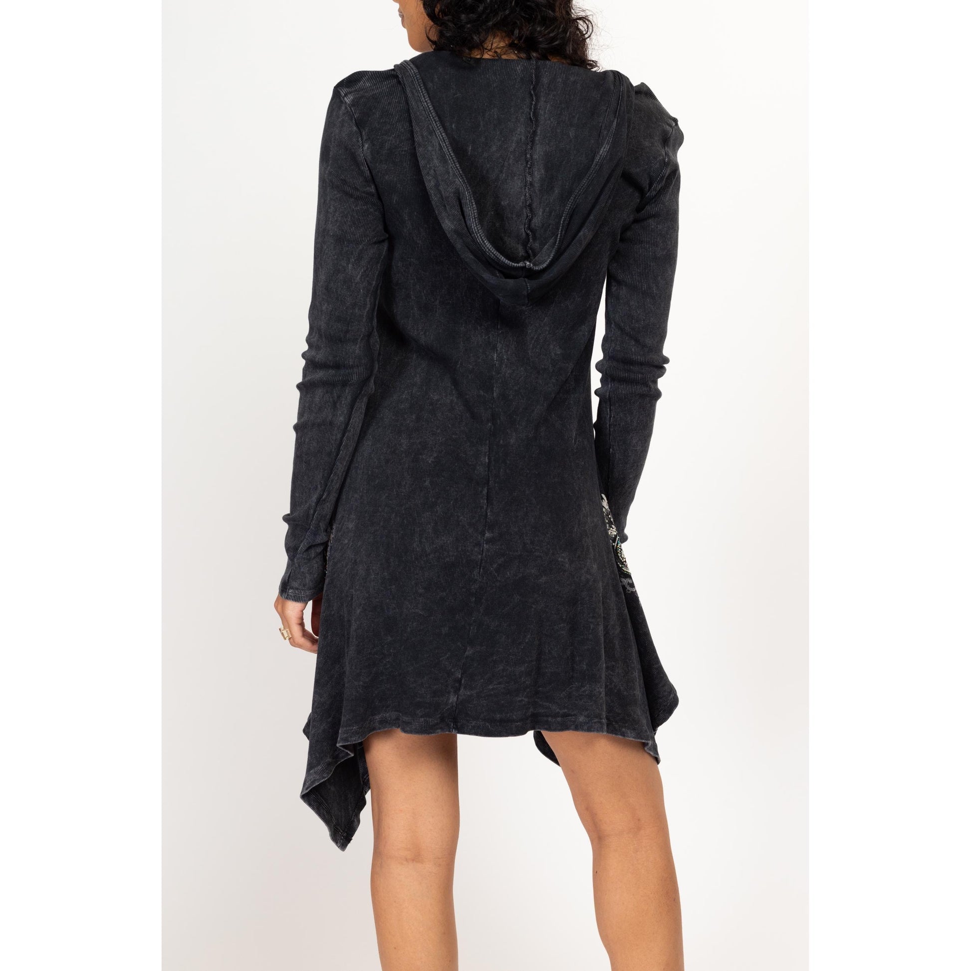 Large Y2k Nu Goth Faded Black Hooded Mini Dress | Vintage Long Sleeve Scarf Hem Fairycore Dress