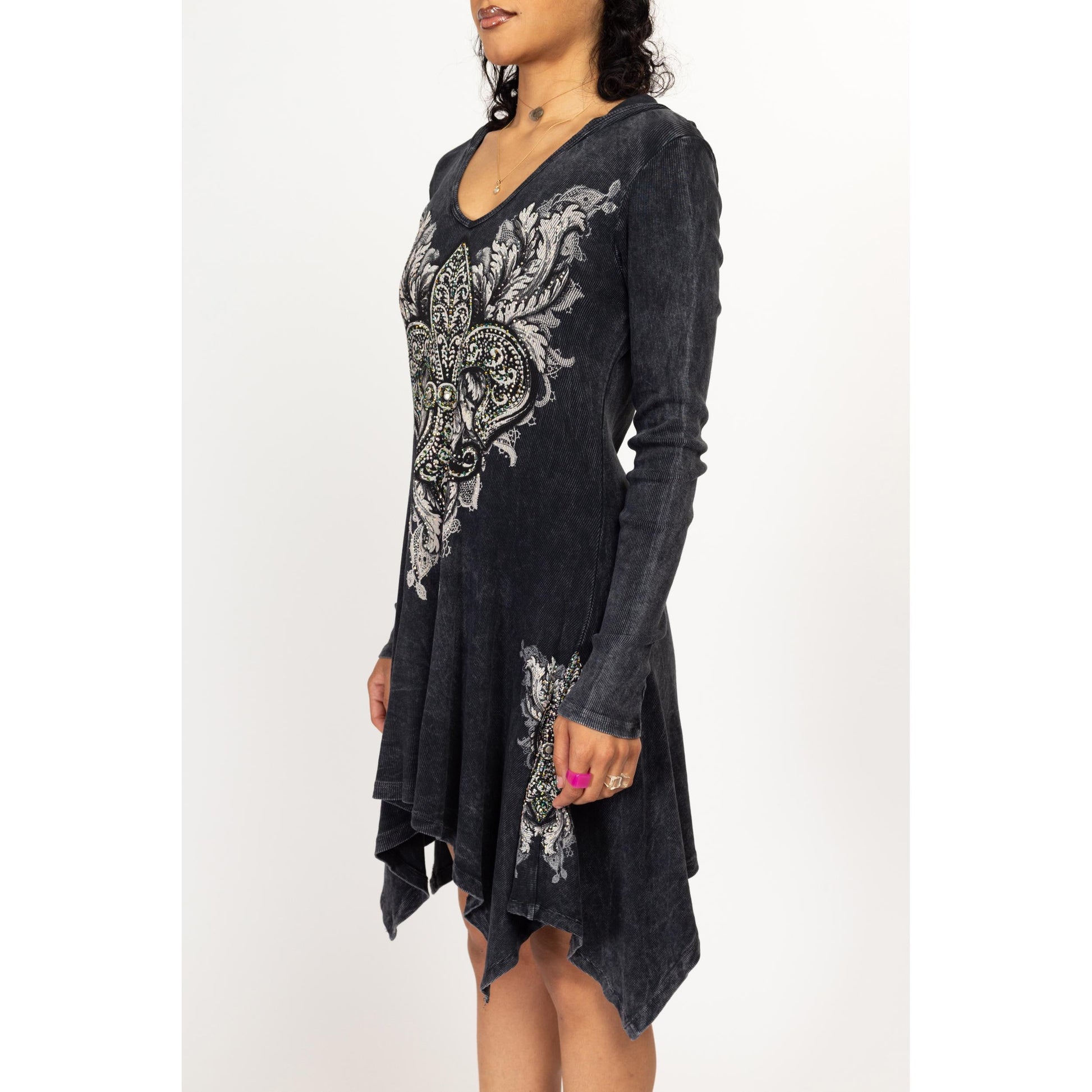 Large Y2k Nu Goth Faded Black Hooded Mini Dress | Vintage Long Sleeve Scarf Hem Fairycore Dress