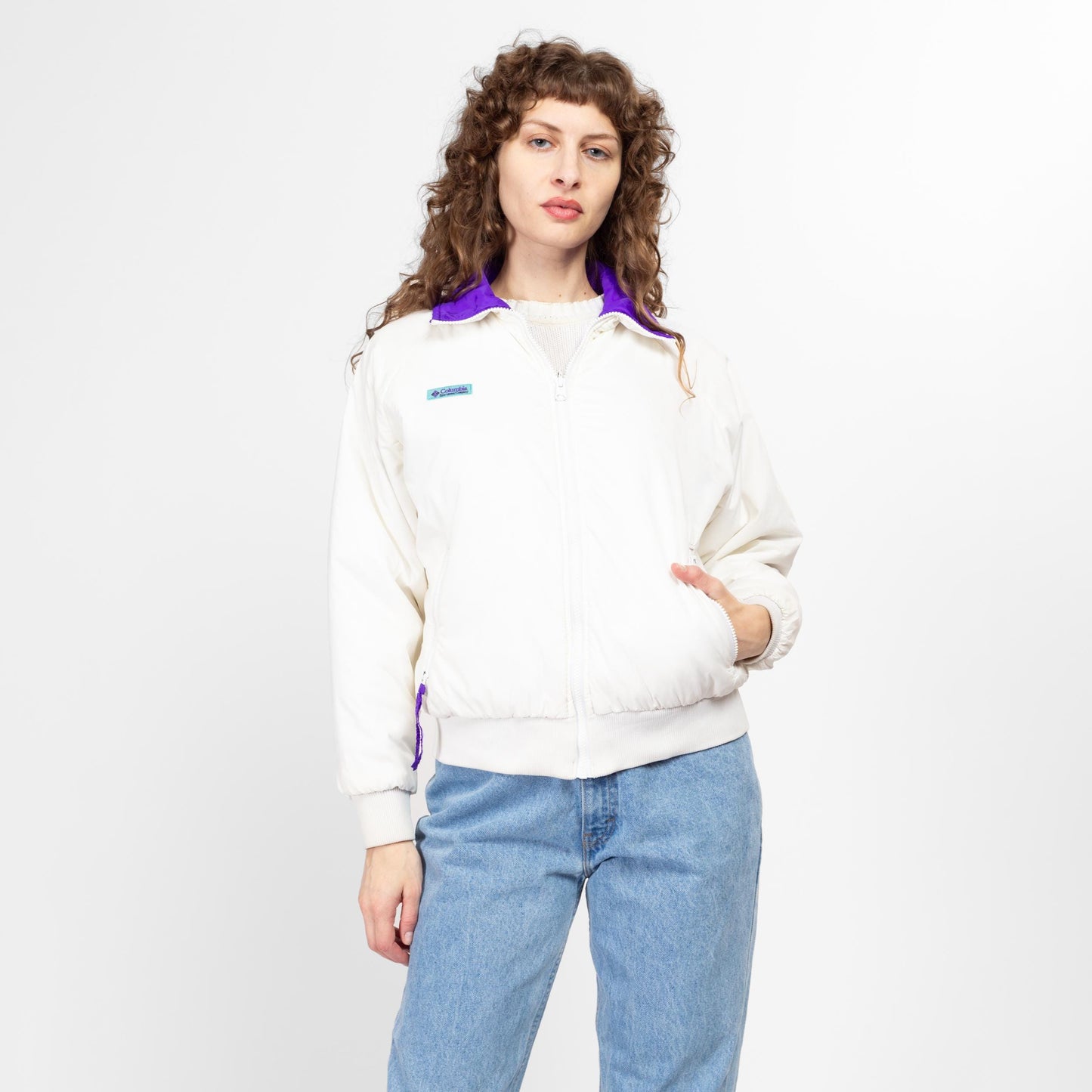 Medium 90s Columbia Reversible Purple & White Puffer Windbreaker | Vintage Zip Up Insulated Winter Ski Jacket