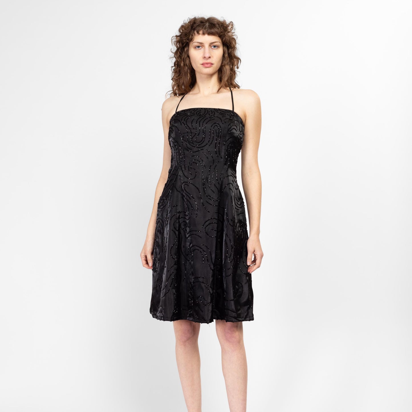 Petite Medium Y2K Black Beaded Strappy Backless Party Dress | Vintage Square Neck Midi Fit & Flare Little Black Dress