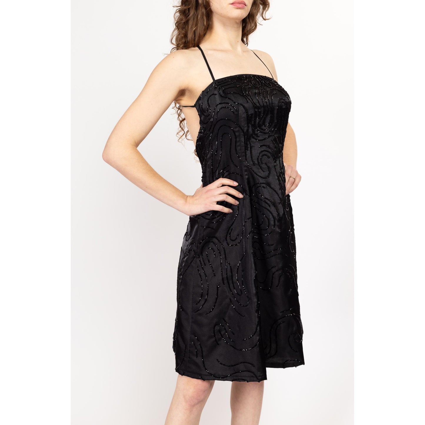 Petite Medium Y2K Black Beaded Strappy Backless Party Dress | Vintage Square Neck Midi Fit & Flare Little Black Dress