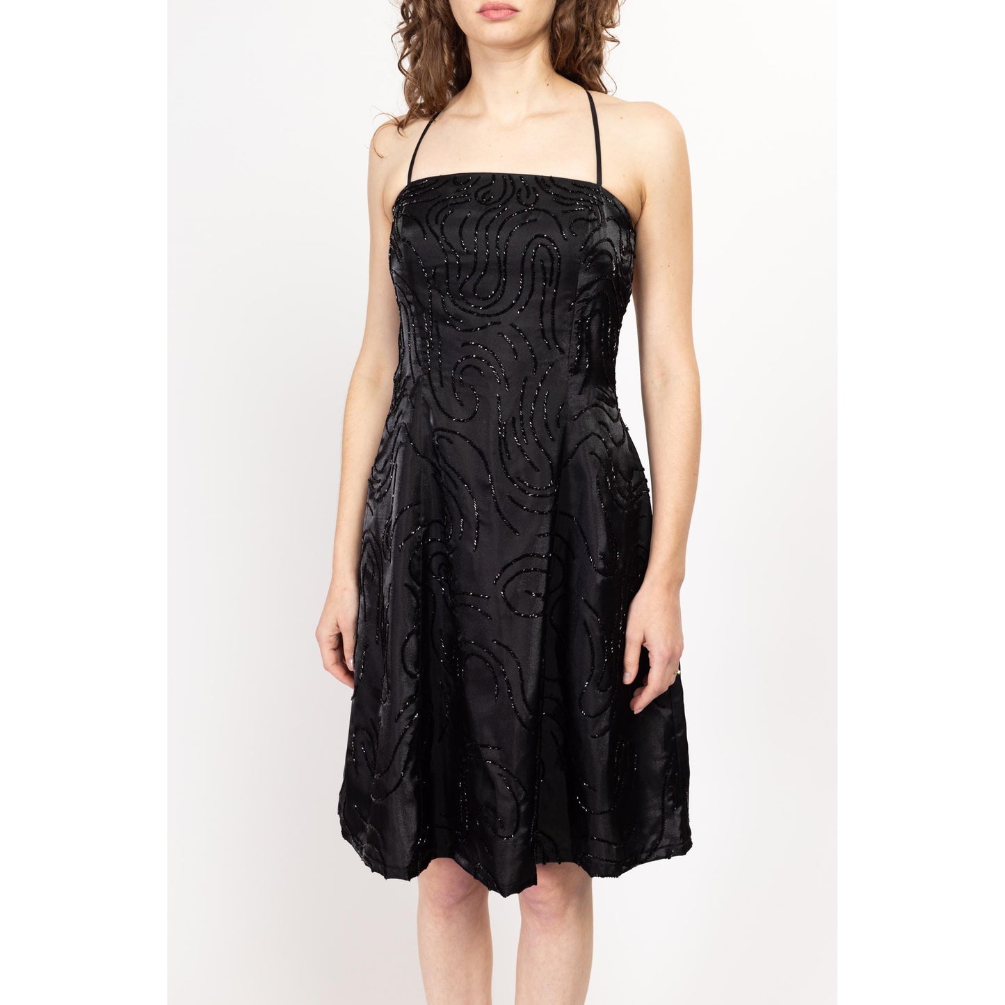Petite Medium Y2K Black Beaded Strappy Backless Party Dress | Vintage Square Neck Midi Fit & Flare Little Black Dress