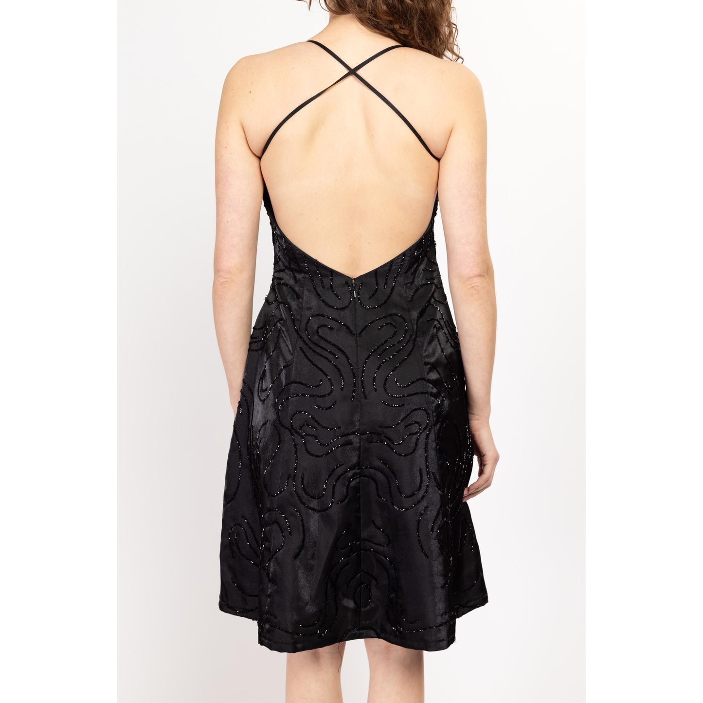 Petite Medium Y2K Black Beaded Strappy Backless Party Dress | Vintage Square Neck Midi Fit & Flare Little Black Dress
