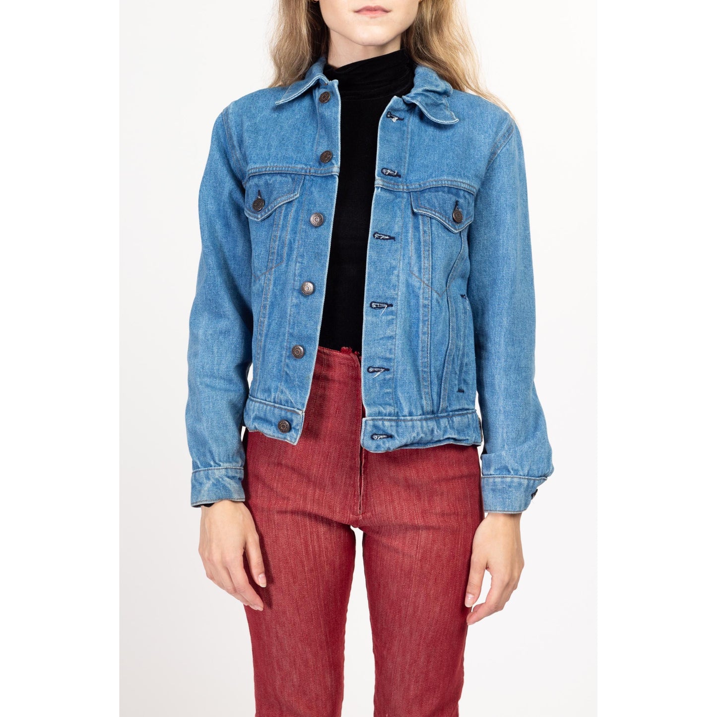XS 80s Plain Pockets Denim Jacket | Vintage Jean Trucker Jacket