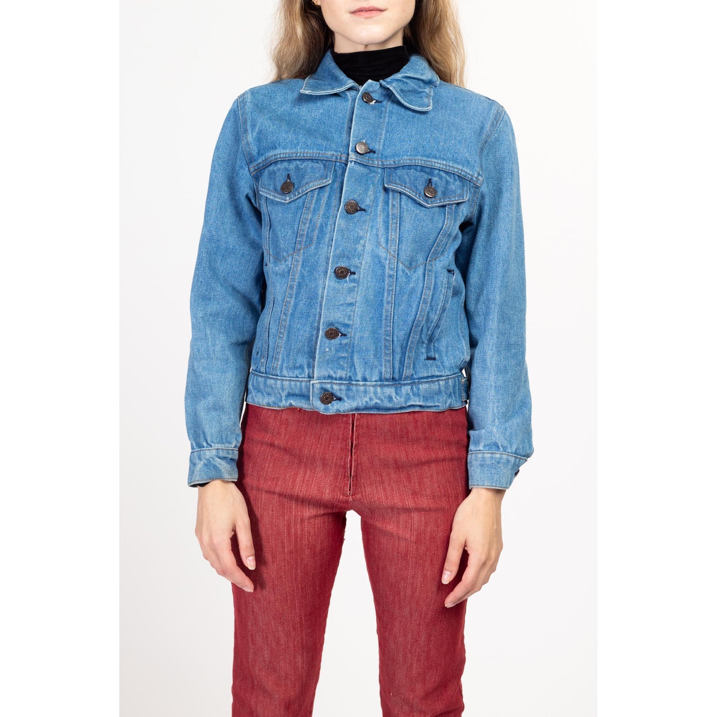 XS 80s Plain Pockets Denim Jacket | Vintage Jean Trucker Jacket