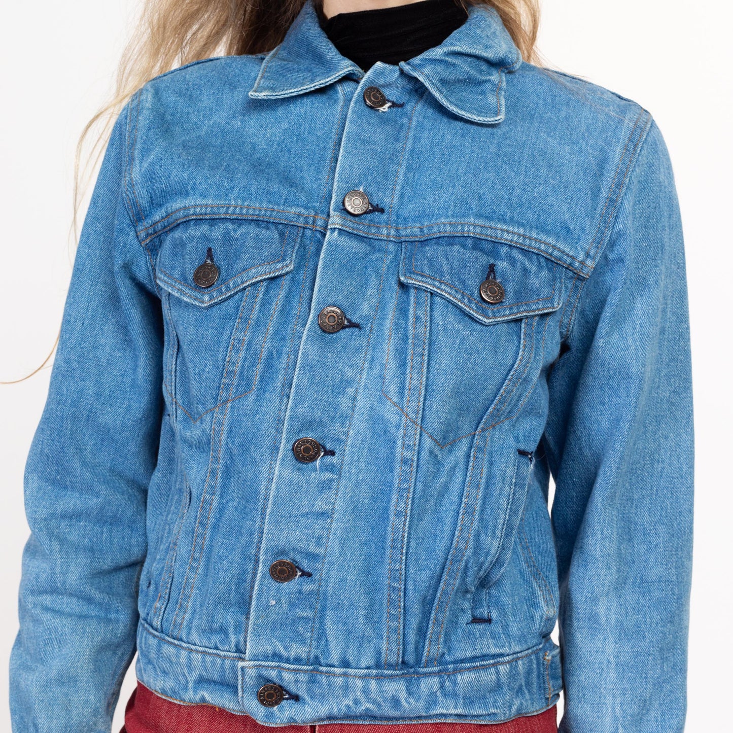 XS 80s Plain Pockets Denim Jacket | Vintage Jean Trucker Jacket