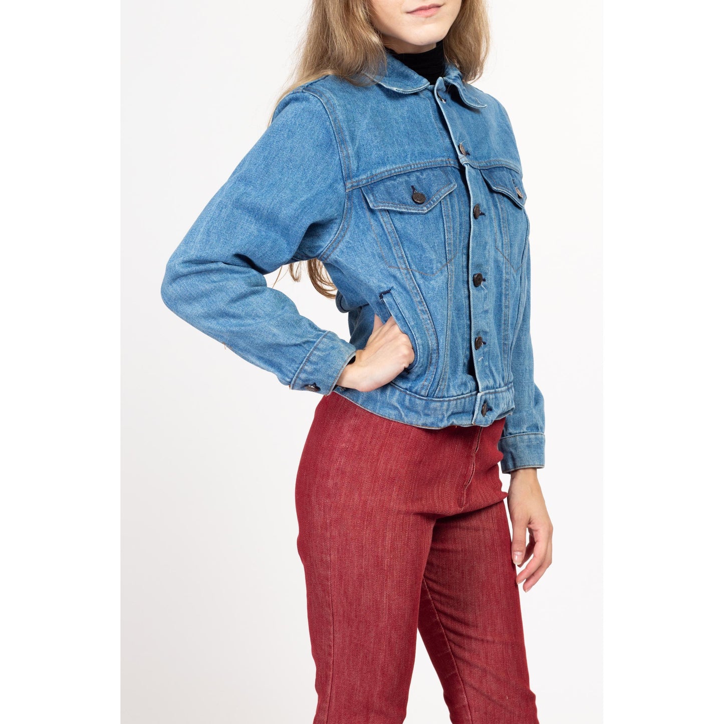 XS 80s Plain Pockets Denim Jacket | Vintage Jean Trucker Jacket