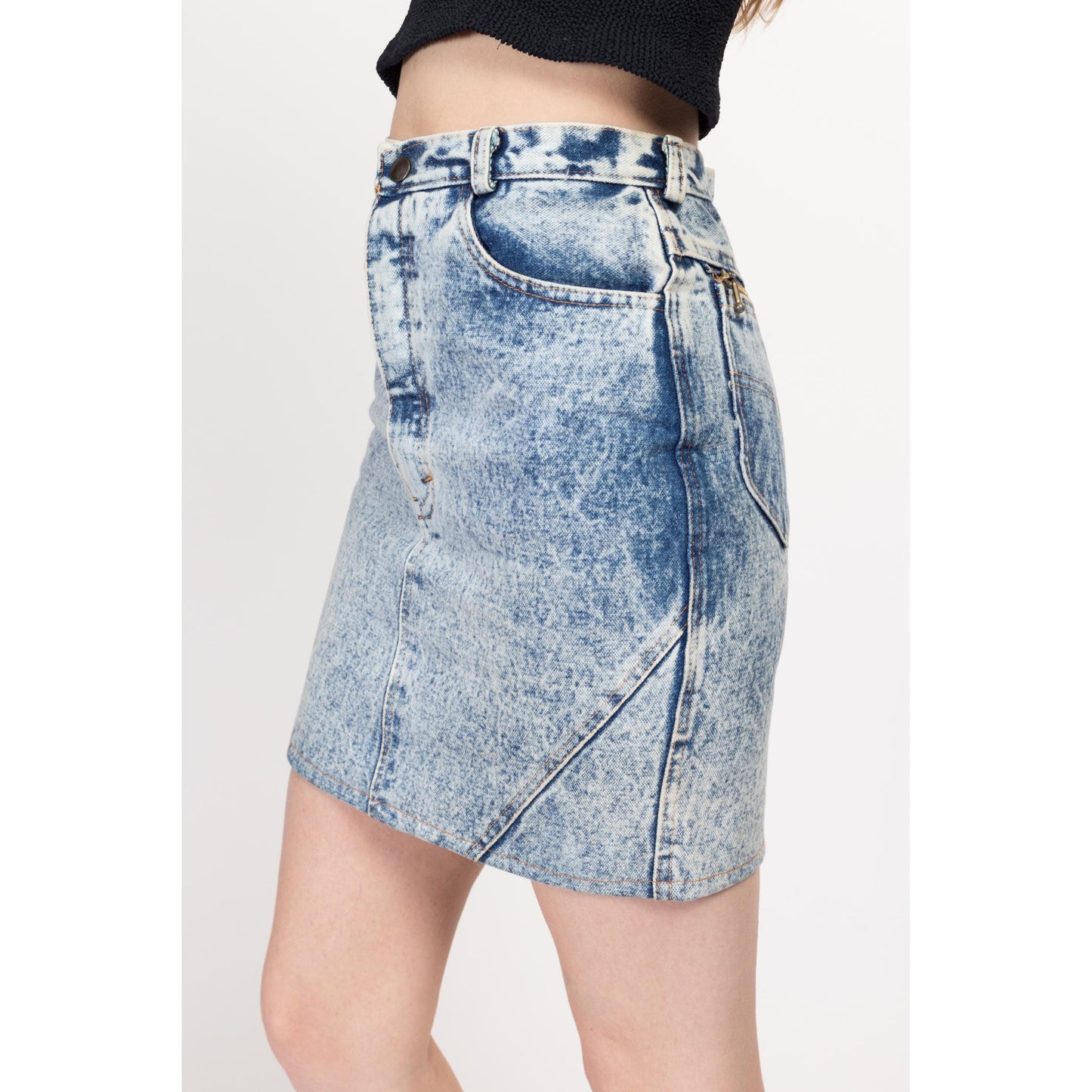 XS 80s Acid Wash Denim Mini Skirt 26" | Vintage High Waisted Zipper Pocket Jean Pencil Skirt