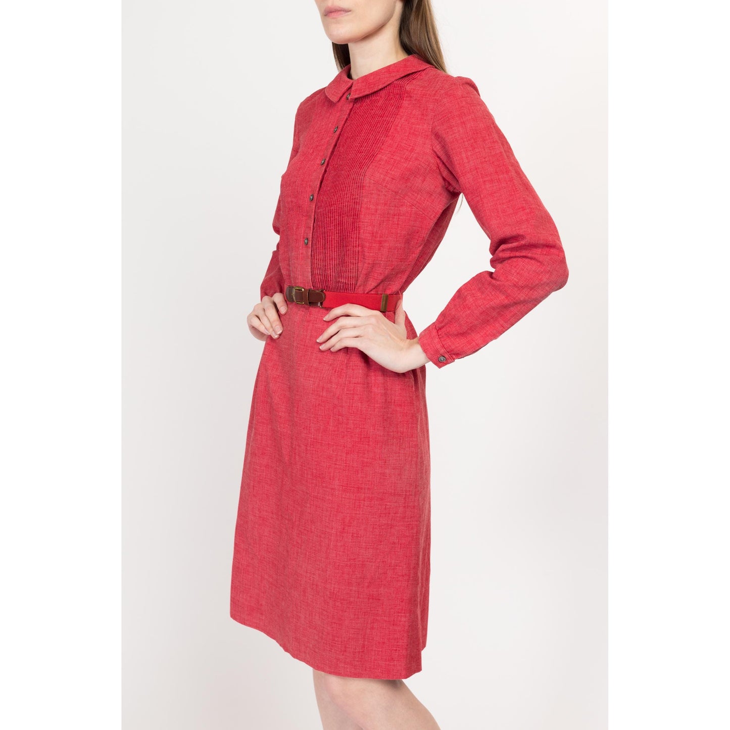 Small 70s Raspberry Red Belted Mini Dress | Vintage Peter Pan Collar Long Sleeve A Line Shirtdress