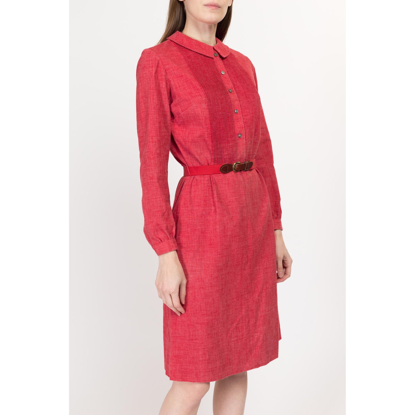Small 70s Raspberry Red Belted Mini Dress | Vintage Peter Pan Collar Long Sleeve A Line Shirtdress