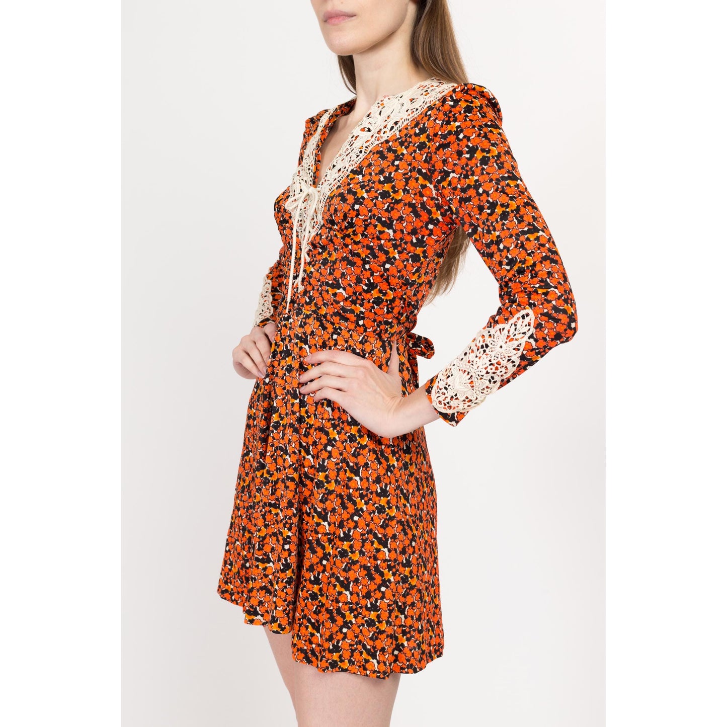 XS 70s Boho Orange Floral Babydoll Mini Dress | Vintage Corset Tie A Line Long Sleeve Prairie Dress