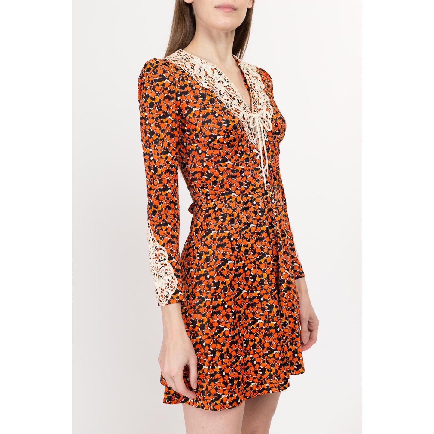 XS 70s Boho Orange Floral Babydoll Mini Dress | Vintage Corset Tie A Line Long Sleeve Prairie Dress