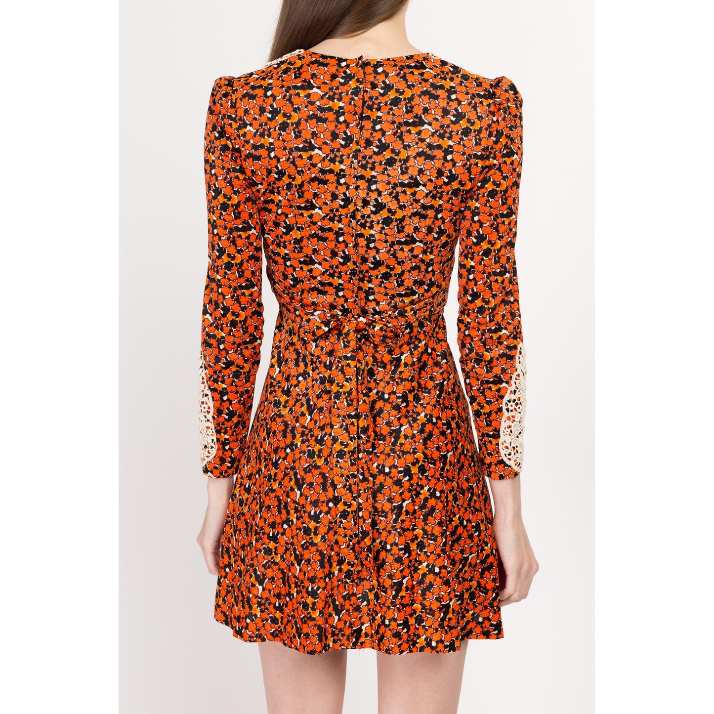 XS 70s Boho Orange Floral Babydoll Mini Dress | Vintage Corset Tie A Line Long Sleeve Prairie Dress