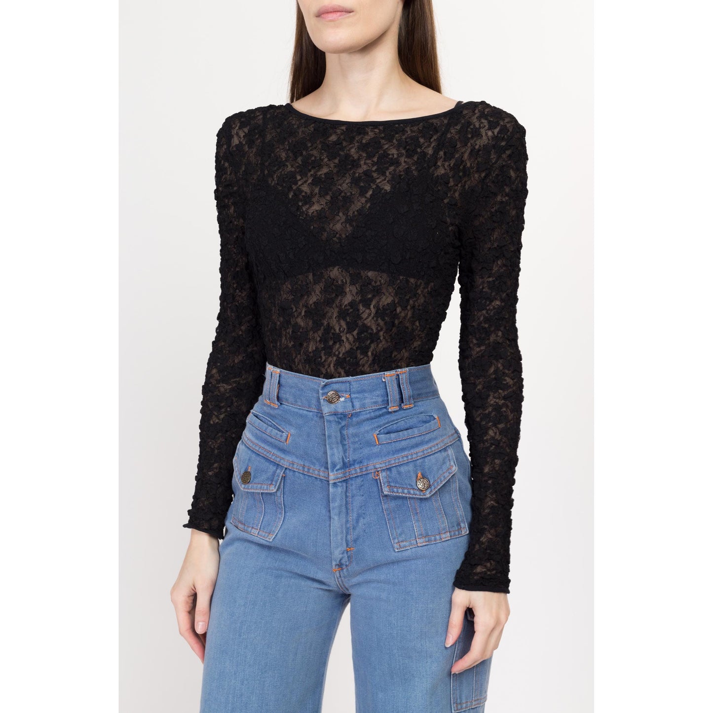 Small Y2K Sheer Black Popcorn Lace Low Back Bodysuit | Vintage Long Sleeve High Hip Stretchy One Piece