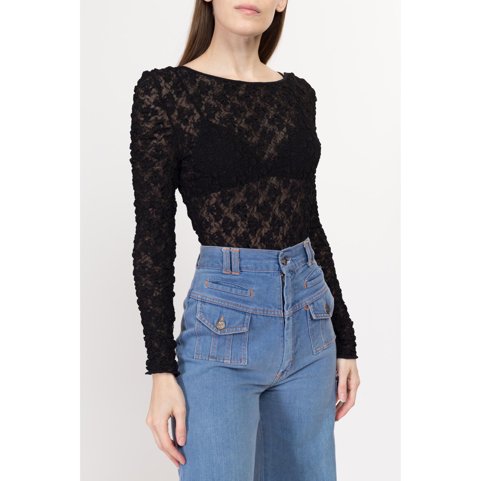Small Y2K Sheer Black Popcorn Lace Low Back Bodysuit | Vintage Long Sleeve High Hip Stretchy One Piece