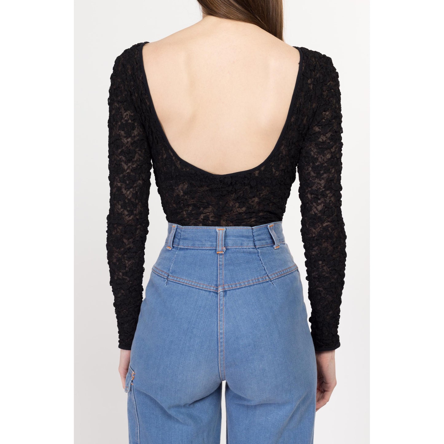 Small Y2K Sheer Black Popcorn Lace Low Back Bodysuit | Vintage Long Sleeve High Hip Stretchy One Piece