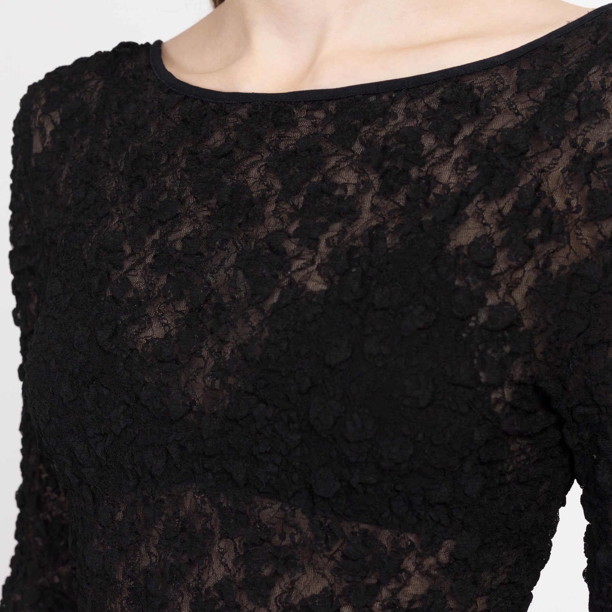 Small Y2K Sheer Black Popcorn Lace Low Back Bodysuit | Vintage Long Sleeve High Hip Stretchy One Piece