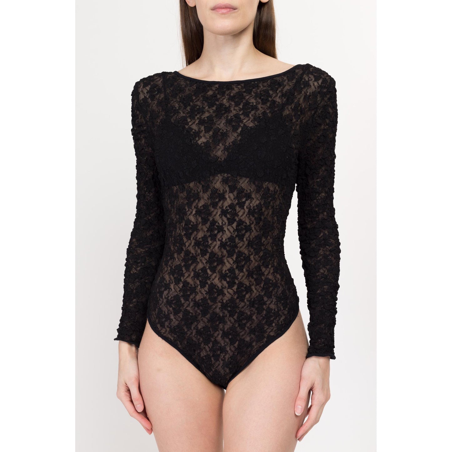 Small Y2K Sheer Black Popcorn Lace Low Back Bodysuit | Vintage Long Sleeve High Hip Stretchy One Piece